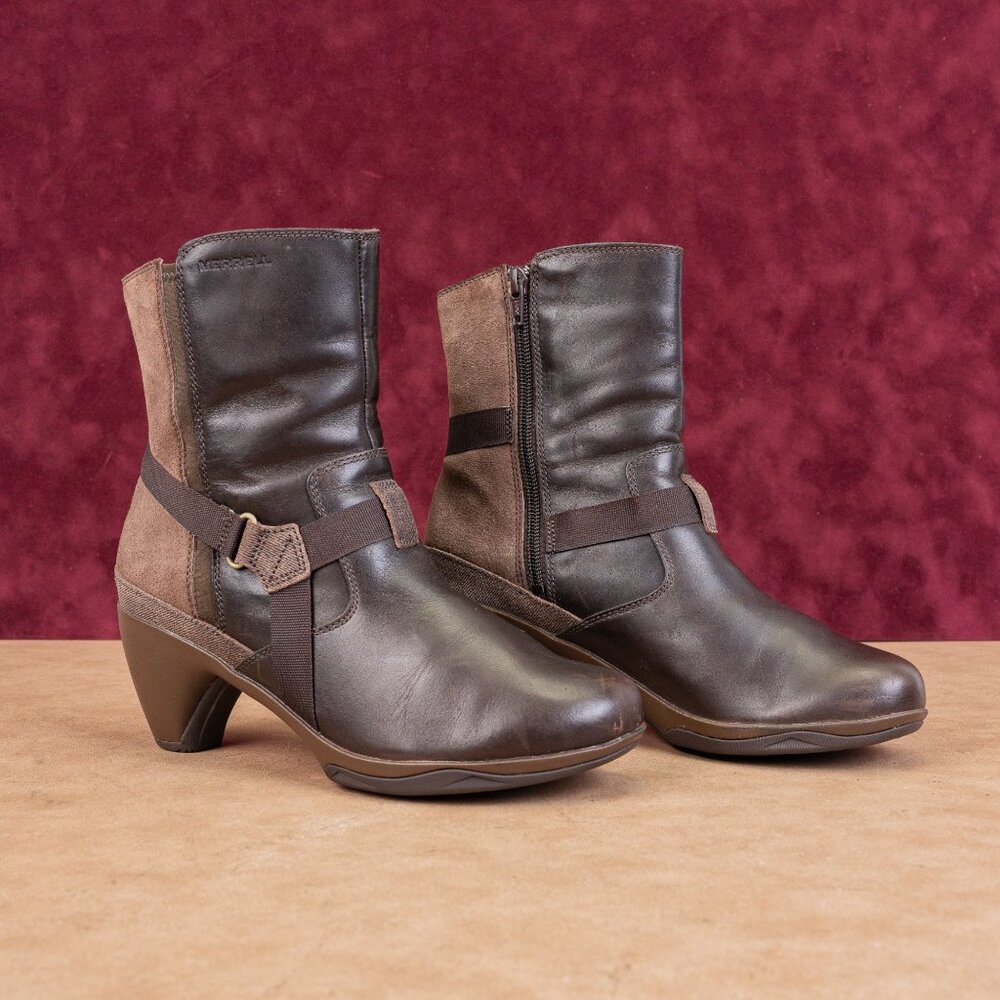 Merrell Women Evera Brown Leather Strap Heel Zip Comfortable Boots sz 8
